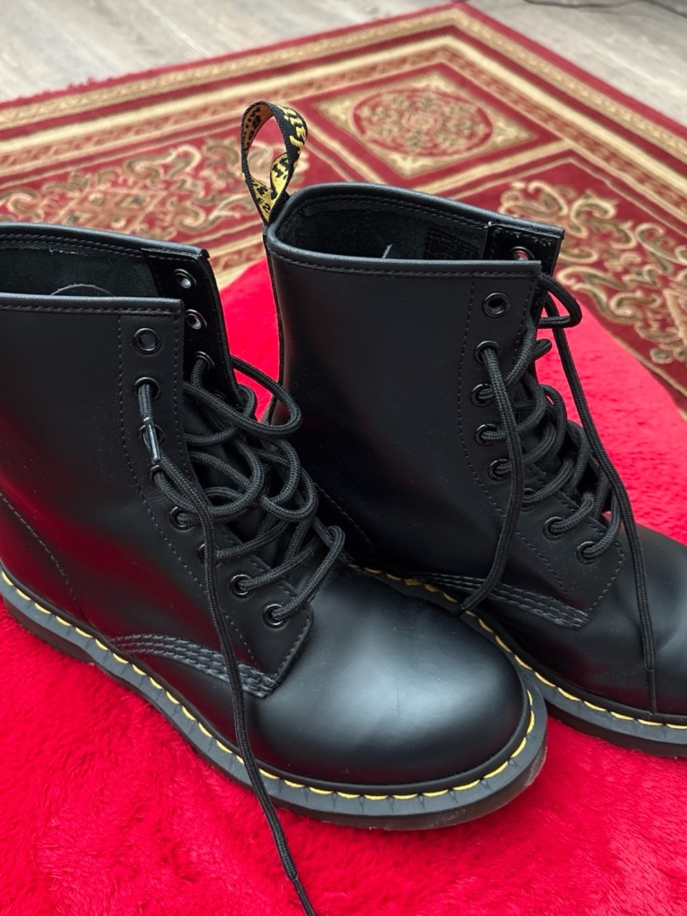 Dr. Martens Black Leather Lace-Up Combat Boots with Yellow Stitching